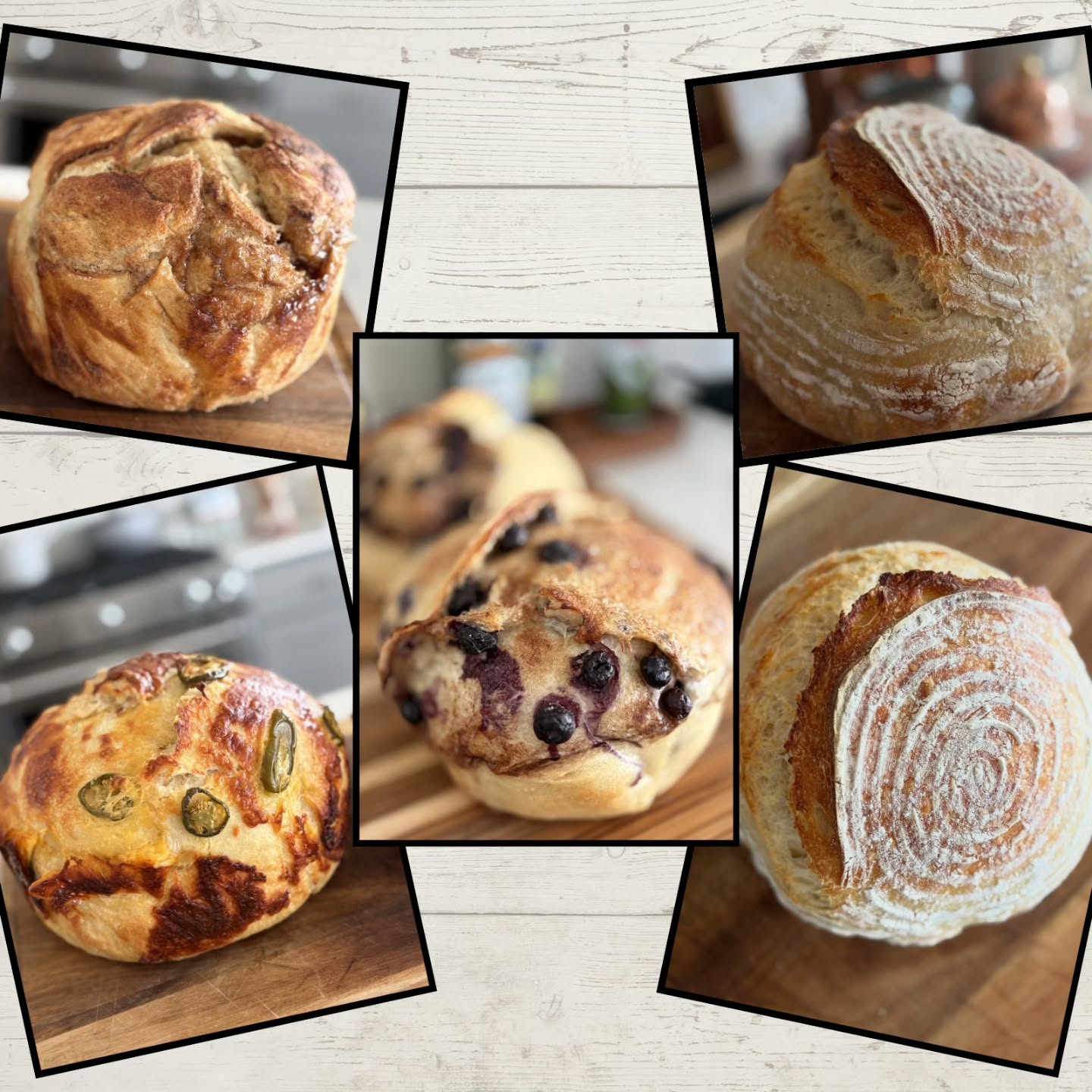 A collage of artisan loaves — cinnamon, sourdough, jalapeño-cheddar and blueberry